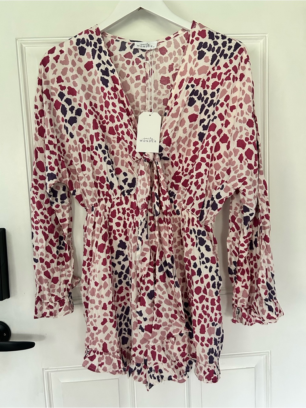 Wonderly Pink & Navy Leopard-Print Tie-Front Romper with Ruffle Hem